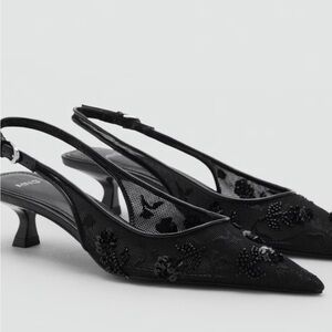 Mango MESH KITTEN-HEEL SHOES WITH SEQUIN-EMBROIDERY Elegant Black Slingback Heel